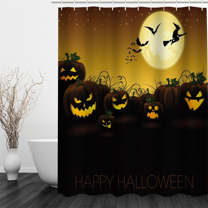 3D Halloween Jack-o-Lanterns Moon Polyester Waterproof Antibacterial and Eco-friendly Shower Curtain - Image 3