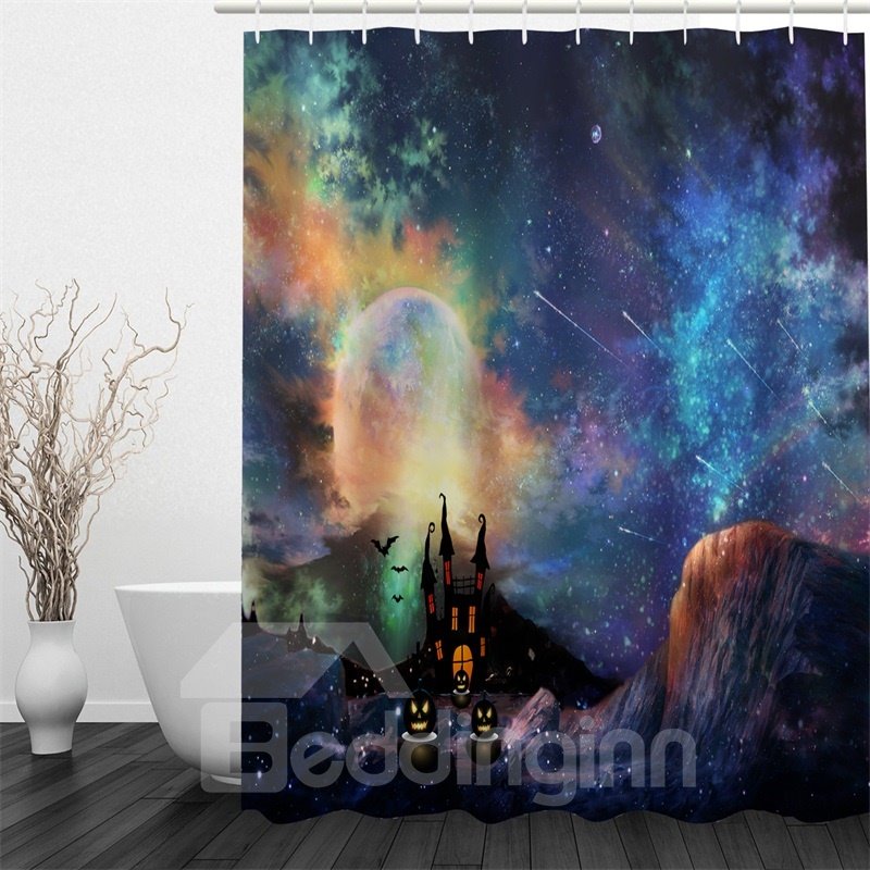 3D Halloween Galaxy Printed Polyester Waterproof Antibacterial and Eco-friendly Shower Curtain - Image 2