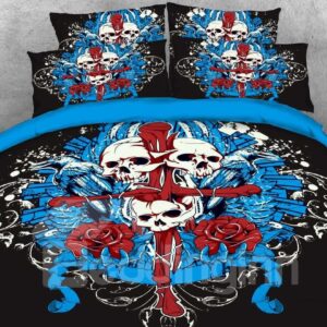 Halloween Skull and Cross Printed 4-Piece 3D Bedding Sets/Duvet Covers Black Blue