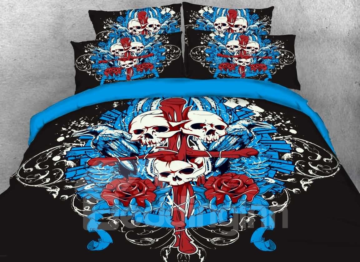 Halloween Skull and Cross Printed 4-Piece 3D Bedding Sets/Duvet Covers Black Blue - Image 2