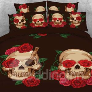 Halloween Skull and Red Rose Printed 4-Piece 3D Bedding Sets/Duvet Covers Microfiber