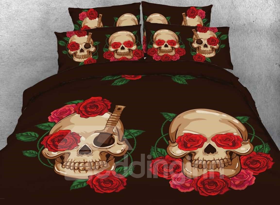 Halloween Skull and Red Rose Printed 4-Piece 3D Bedding Sets/Duvet Covers Microfiber - Image 2