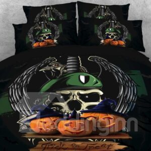 Halloween Pumpkin and Skull Printed 3D 4-Piece Black Bedding Sets/Duvet Covers Black