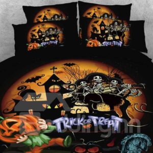 Skull and Halloween Party Printed 4-Piece 3D Bedding Sets/Duvet Covers Polyester Black