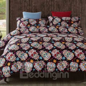 3D Colorful Floral and Skulls Printed Polyester 3-Piece Bedding Sets/Duvet Covers