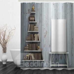 3D Books on Shelves Printed Polyester Waterproof Antibacterial Eco-friendly Shower Curtain