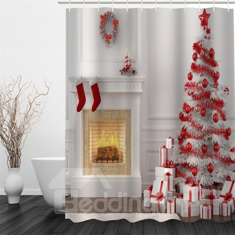 3D Red Christmas Tree Socks Printed Polyester Waterproof Antibacterial Eco-friendly Shower Curtain - Image 3