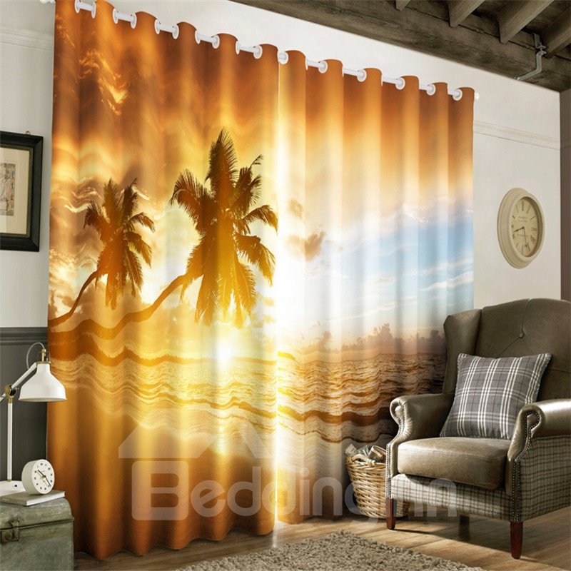 3D Palm Trees and Waves Printed 2 Pieces Decorative and Breathable Window Curtain - Image 7