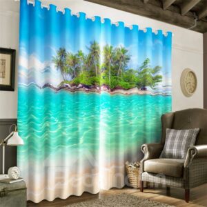 3D Crystal Clear Water and Green Island Printed Decorative and Heat Insulation Grommet Top Curtain
