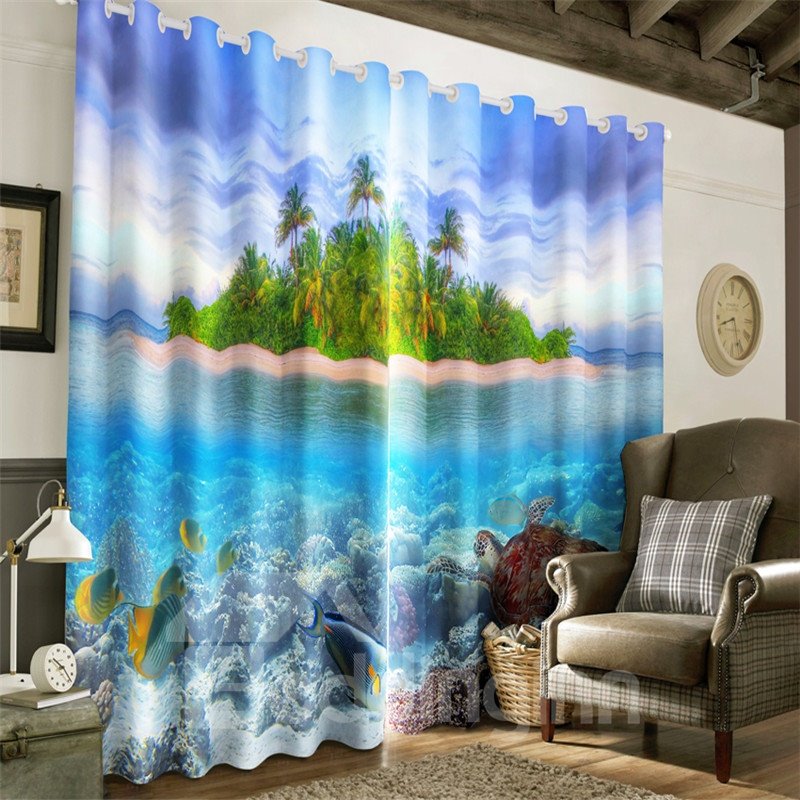 3D Green Island and Limpid Seawater with Turtle and Golden Fishes Printed Grommet Top Curtain - Image 5