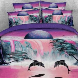 3D Dolphin and Waterfall Scenery Printed 4-Piece Bedding Sets/Duvet Covers