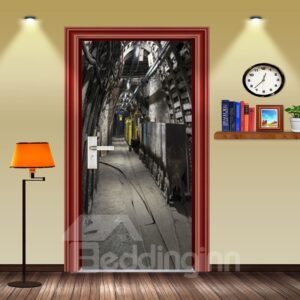 30¡Á79in Gray Mechanical House PVC Environmental Waterproof Self-Adhesive 3D Door Mural