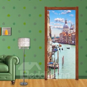 30¡Á79in Buildings in Water PVC Environmental Waterproof Self-Adhesive 3D Door Mural