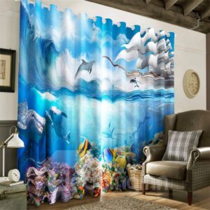 3D Blue Seas Golden Fish Turtle and Dolphins Printed Wonderful Undersea World Blackout Curtain