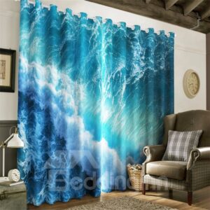 3D Blue Seas and Rolling Waves Printed Natural Beauty Living Room and Bedroom Curtain