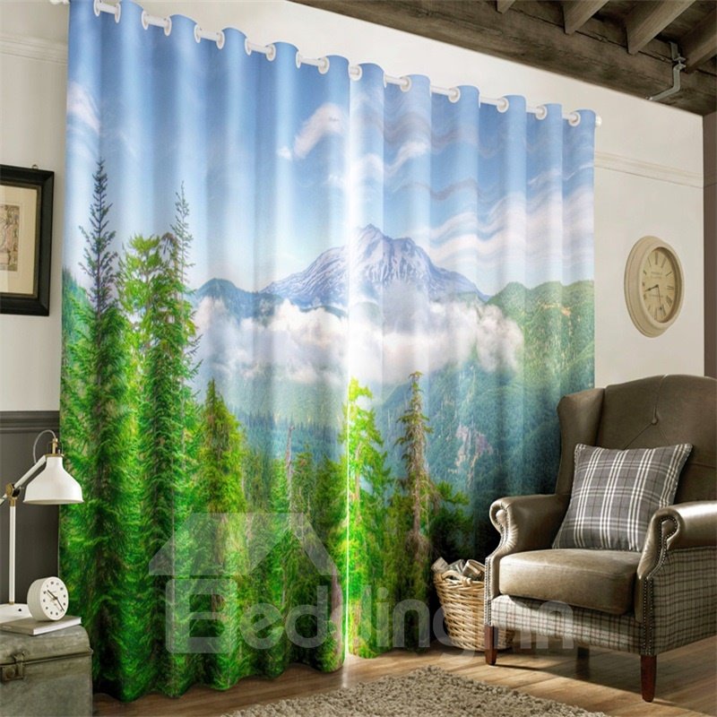 3D Green Plants and Ice Mountain Printed 2 Panels Living Room and Bedroom Curtain - Image 3