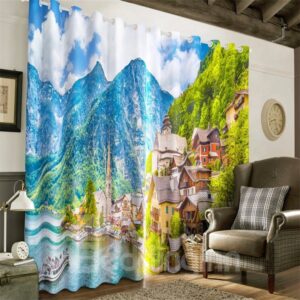3D Small Villages and Limpid Lake and High Mountains Printed Room Darkening Thermal Insulated Curtain