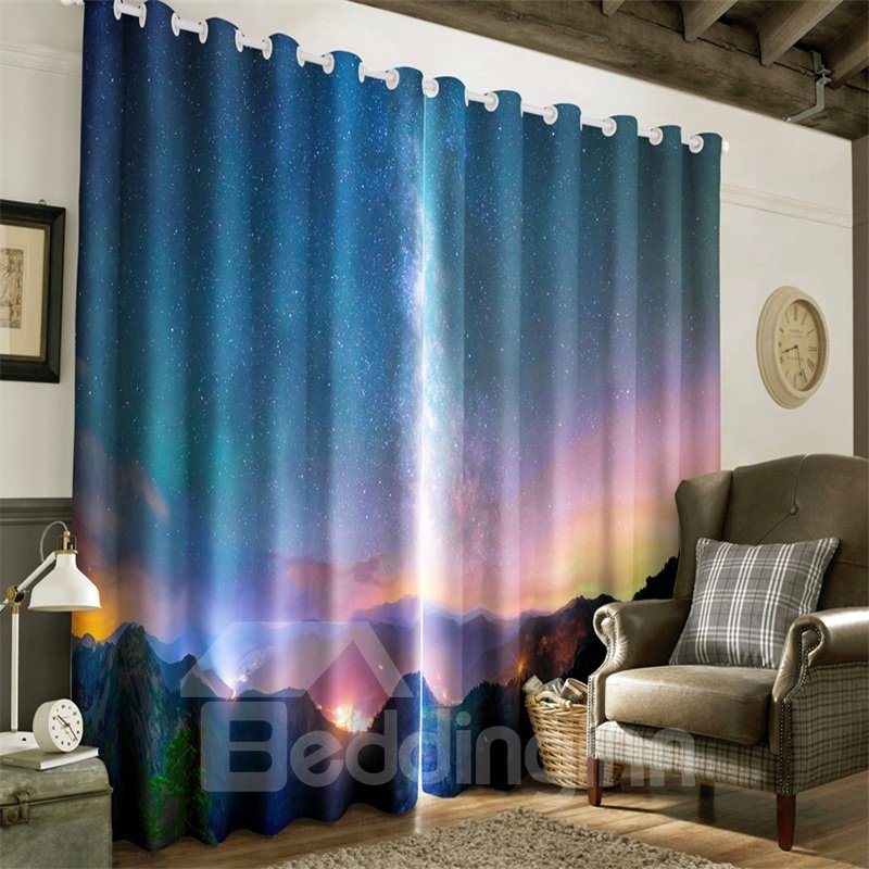 3D Rolling Mountains in the Night Sky Printed Decorative and Blackout Living Room Curtain - Image 4