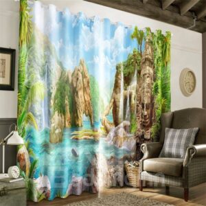 3D Elephant Mountains with Blue Water Printed Dust-Proof and Decorative Grommet Top Curtain