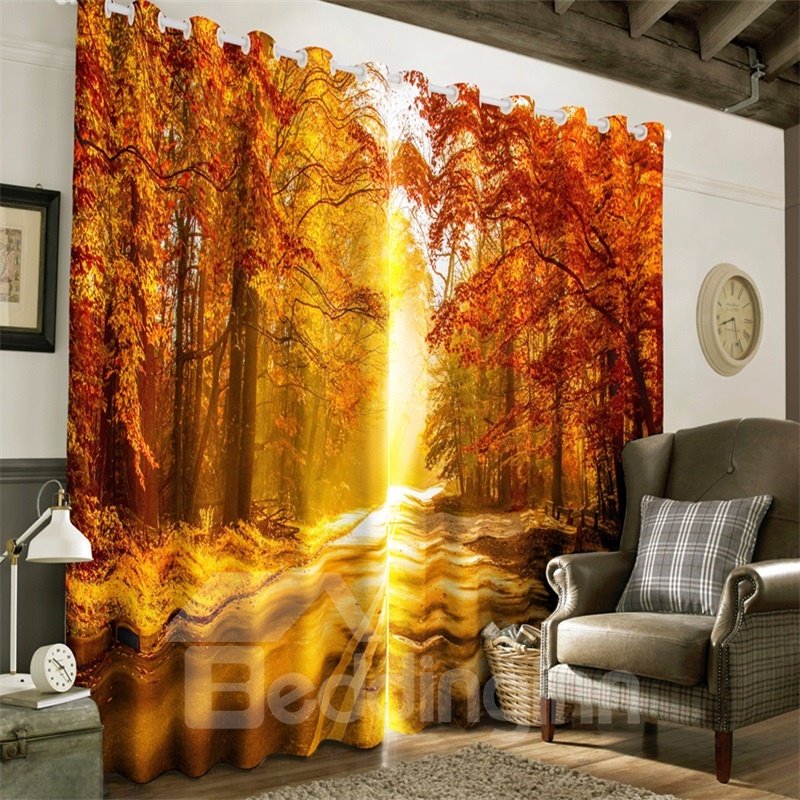 3D Red Trees Forest and Small Road with Soft Sunlight Printed Decorative and Blackout Curtain - Image 7