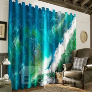 3D Dark Green Rolling Seas Printed Room Darken Heat Insulation Window Drapes