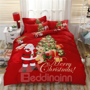 Santa Claus Delivering Gifts Red Cotton 4-Piece Merry Christmas Bedding Sets/Duvet Cover