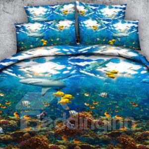 Shark and Colorful Fish Printed 4-Piece Blue 3D Bedding Sets/Duvet Cover Set