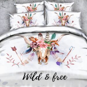 Cow Skull with Feathers Printed 3D 4-Piece White Bedding Sets/Duvet Covers
