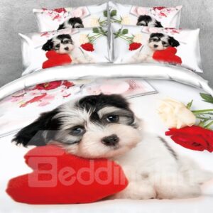 Puppy Dog with Heart-shaped Pillow Printed 4-Piece 3D Bedding Set/Duvet Cover Set White