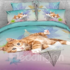 Kitten on the Leaves Printed 3D 4-Piece Bedding Set/Duvet Cover Set