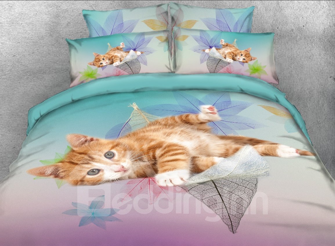 Kitten on the Leaves Printed 3D 4-Piece Bedding Set/Duvet Cover Set