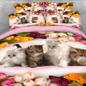 Kittens and Colorful Tulips Cat 3D 4-Piece Animal Print Bedding Set/Duvet Cover Set