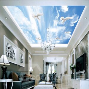 3D Doves Flying in Sky Printed PVC Waterproof Sturdy Eco-friendly Self-Adhesive Ceiling Murals