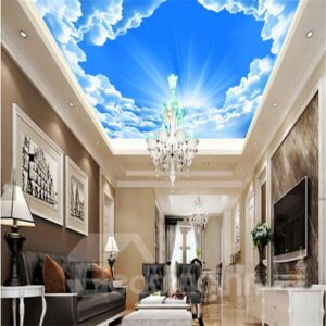 3D Bright Sky Printed PVC Waterproof Sturdy Eco-friendly Self-Adhesive Ceiling Murals