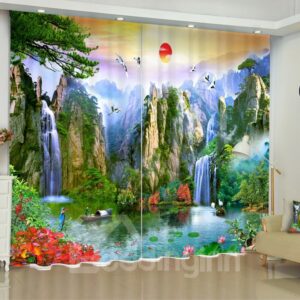 3D Steep Mountains and Rive Printed Natural Beauty Custom Living Room Curtain