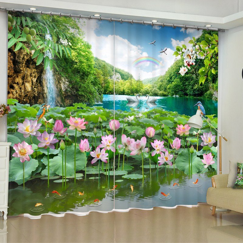 3D White Gooses and Lotus with Rainbow Printed Custom Curtain for Living Room Curtain - Image 7