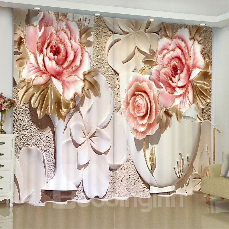 3D Elegant Pink Flowers Printed Artificial Work Decorative Blackout and Dust-proof Custom Curtain for Living Room Bedroom - Image 4