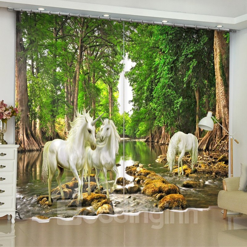 3D White Unicorns and Green Forest and Limpid River Printed 2 Panels Custom Curtain - Image 3