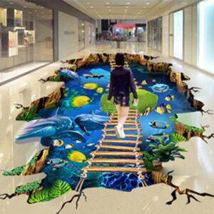 3D Dolphins Fishes Wooden Suspension Bridge Waterproof Nonslip Self-Adhesive Blue Floor Art Murals
