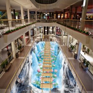 3D Waterfall Wooden Suspension Bridge Pattern Waterproof Nonslip Self-Adhesive Blue Floor Art Murals