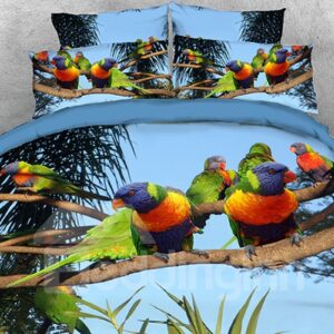Rainbow Parrots on Branch 4-Piece 3D Duvet Cover Set Natural Scenery Bedding Set