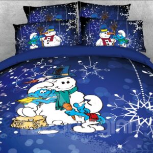 The Smurfs Building Snowman and Snowflake 4-Piece Blue Bedding Sets/Duvet Covers