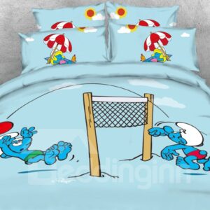 Beach Volleyball Smurfs Printed 4-Piece Blue Bedding Sets/Duvet Covers