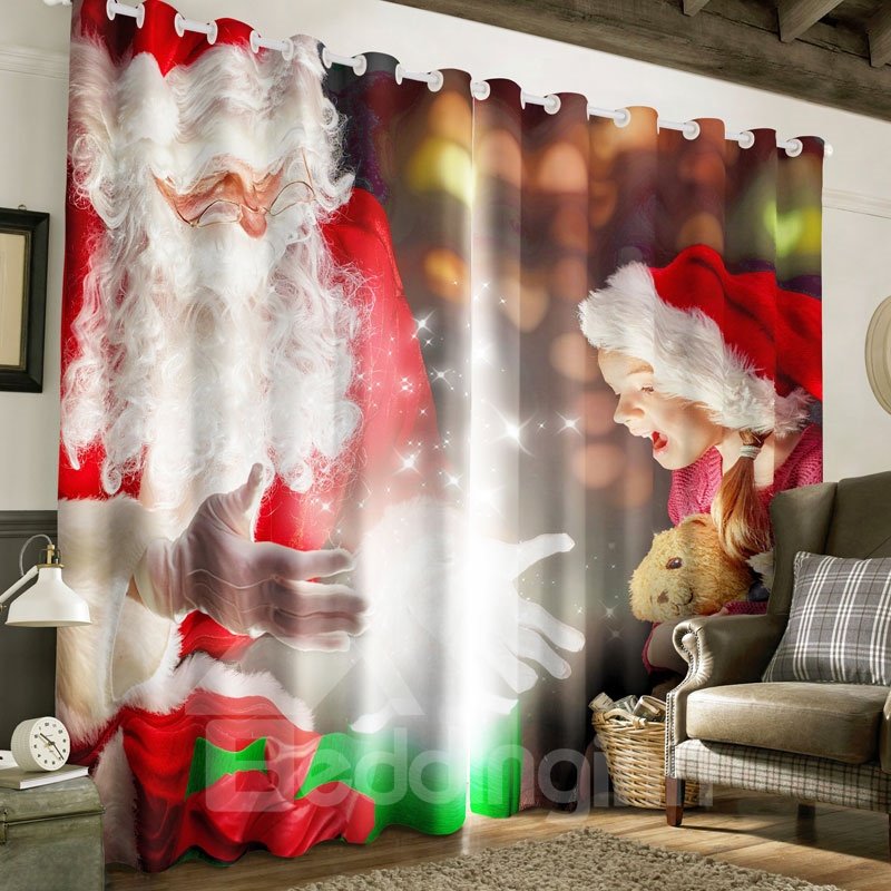 3D Lovely Santa Claus and Pretty Girl Printed 2 Panels Polyester Custom Curtain - Image 6