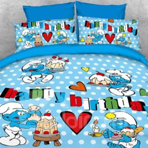 The Smurfs Happy Birthday 4-Piece Blue Bedding Sets/Duvet Covers