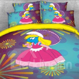 Princess Smurfette with Pink Dress Fireworks Printed 4-Piece Bedding Sets/Duvet Covers