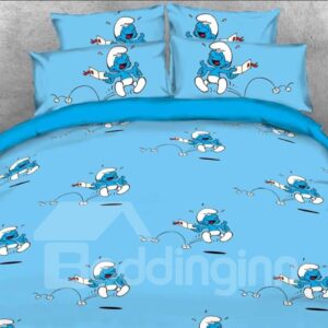 Happy Smurf Laughing Printed 4-Piece Blue Bedding Sets/Duvet Covers