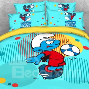 Soccer Smurf with Colorful Circles Printed 4-Piece Blue Bedding Sets/Duvet Covers