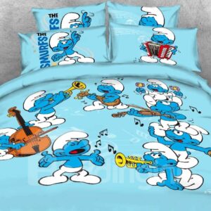 Harmony Smurf with Musical Notes Printed 4-Piece Blue Bedding Sets/Duvet Covers