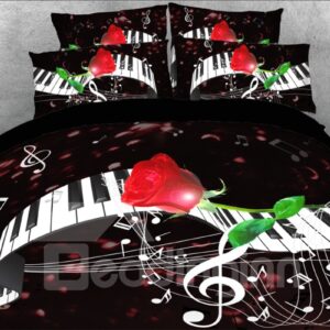 Dancing Piano Keyboards and Red Rose 4-Piece 3D Bedding Set/Duvet Cover Set Black